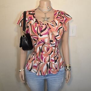 ☆Bethany Pink Orange Abstract Ruffle Front Top☆